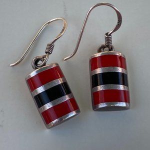 Cute little barrel shaped enamel red, blue and sterling silver dangle earrings